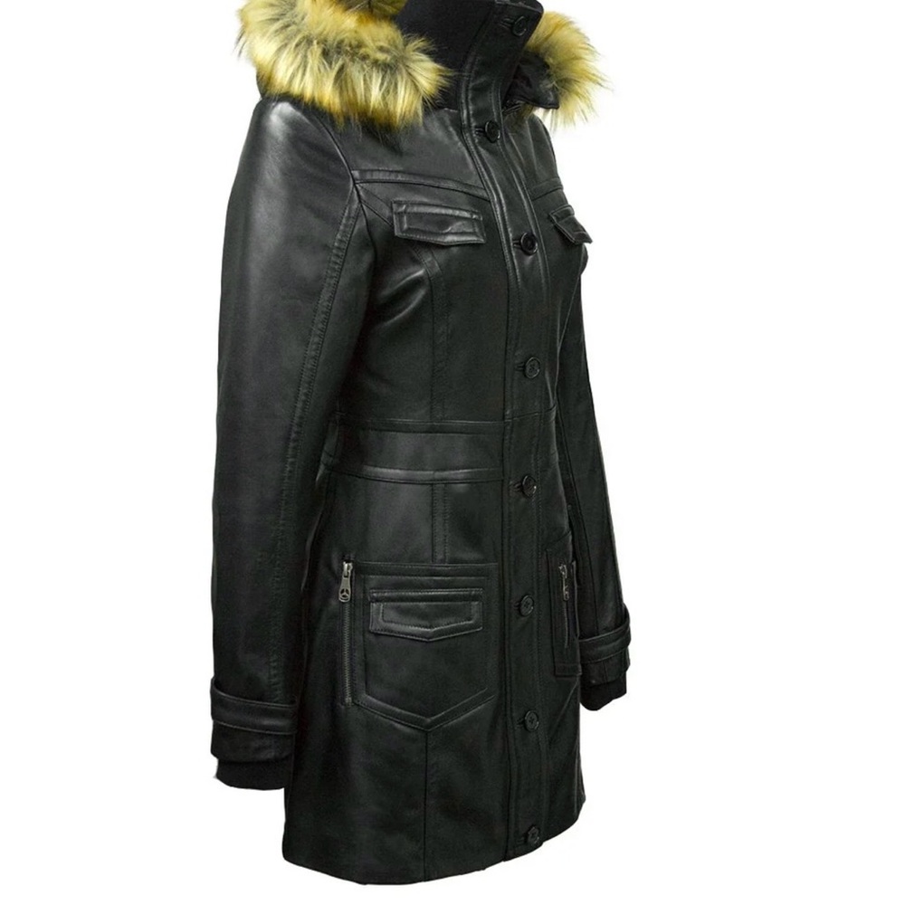 Top Gun Women’s Black Leather Long Coat Jacket Fur Hood S Genuine Leather - Picture 11 of 14
